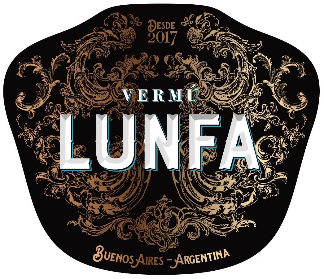 Vermú Lunfa bottle label - ornate gold and black design from Buenos Aires, Argentina, established 2017, authentic Argentine craft vermouth